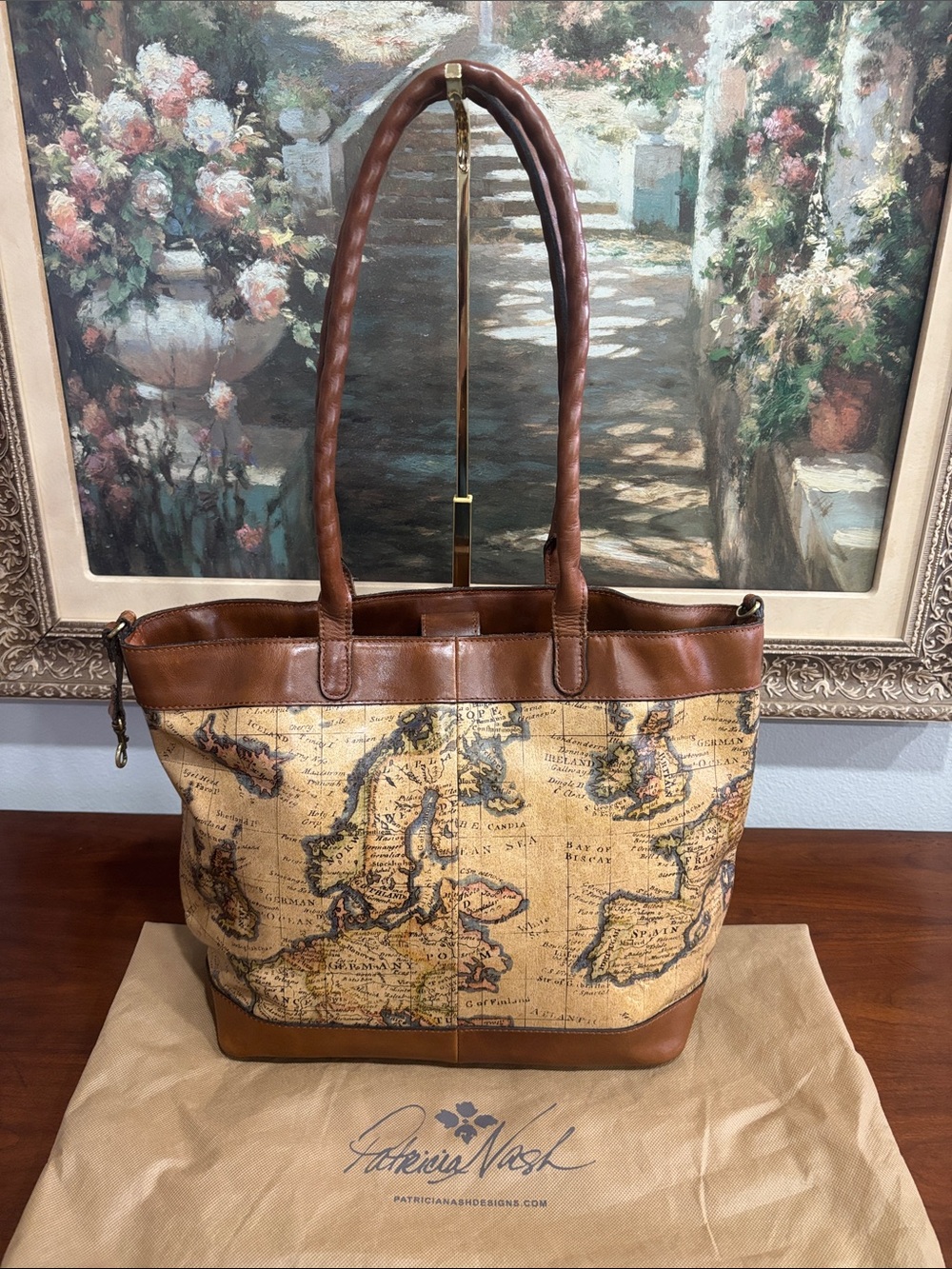 Patricia Nash Brown Leather-Trim Map Print Tote